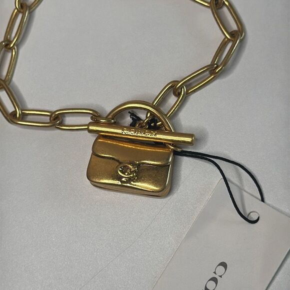 Coach Tabby Mini Handbag Charm Paperclip Chain Link Toggle Golden Bracelet NEW - Picture 4 of 5